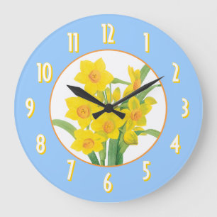 Yellow Daffodils on Blue Floral Wall Clock Grote Klok