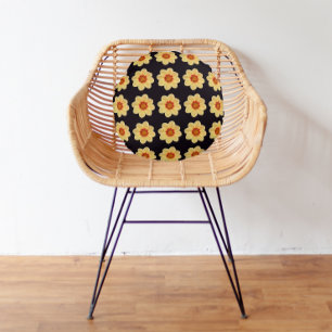 Yellow Dahlia Floral Pattern op Black Rond Kussen