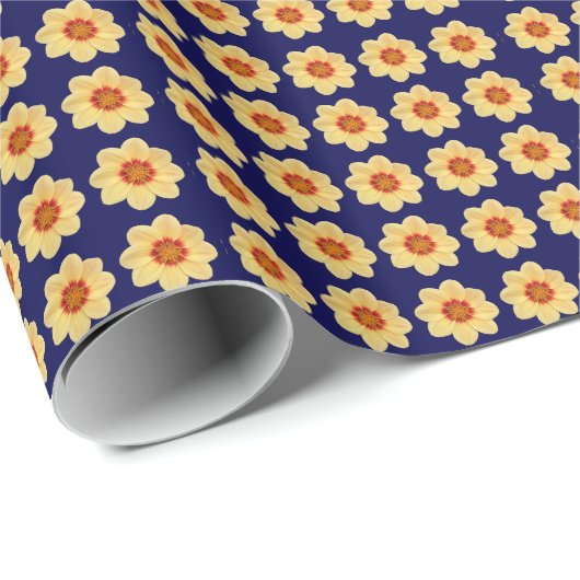 Yellow Dahlia Floral Pattern op Blue Cadeaupapier (Rol Hoek)