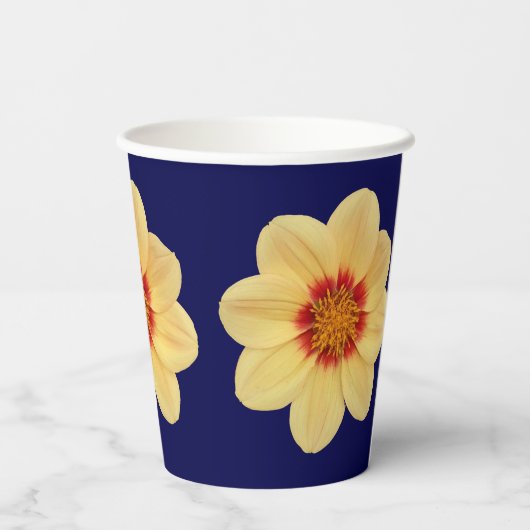 Yellow Dahlia Floral Pattern op Blue Papieren Bekers (Achterkant)