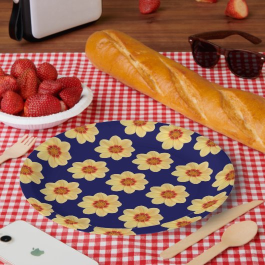 Yellow Dahlia Floral Pattern op Blue Papieren Bordje (Picknick)