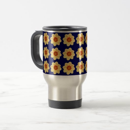 Yellow Dahlia Floral Pattern op Blue Reisbeker (Voorkant links)