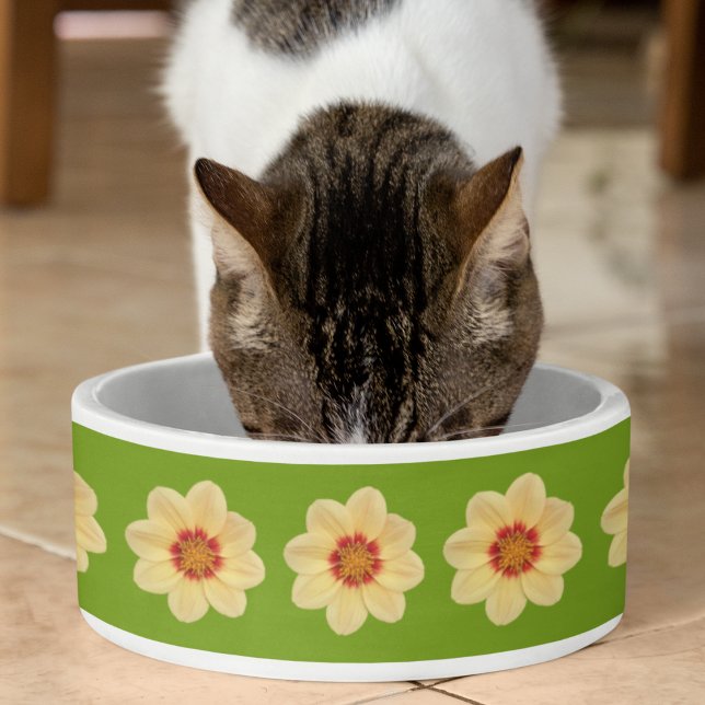 Yellow Dahlia Floral Pattern over Green Voerbakje (Creator heeft geüpload)