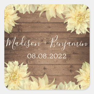 Yellow Dahlia Flower Rustic Wood Weduwdatum Vierkante Sticker