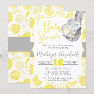 Yellow Dahlias Baby Elephant Baby shower Kaart
