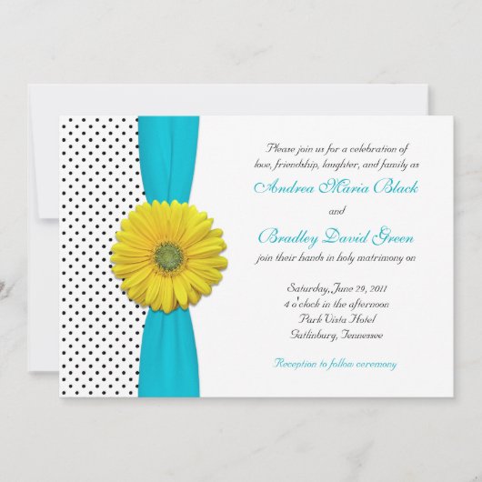 Yellow Daisy Aqua Polka Dot Wedding Invitation Kaart (Voorkant)