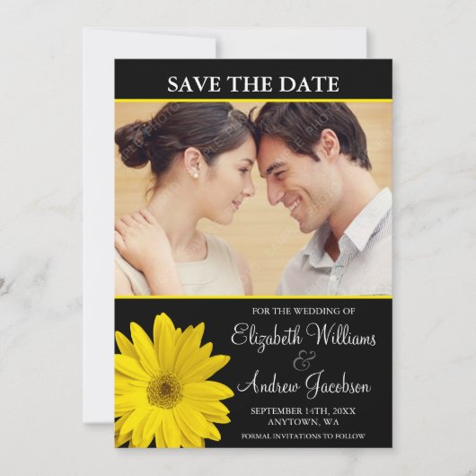Yellow Daisy Black foto Save the Date (Voorkant)