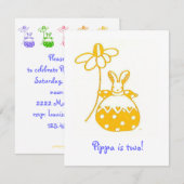 Yellow Daisy Bunny verjaardaguitnodiging Kaart (Voorkant / Achterkant)