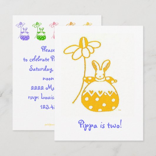 Yellow Daisy Bunny verjaardaguitnodiging Kaart (Voorkant / Achterkant)