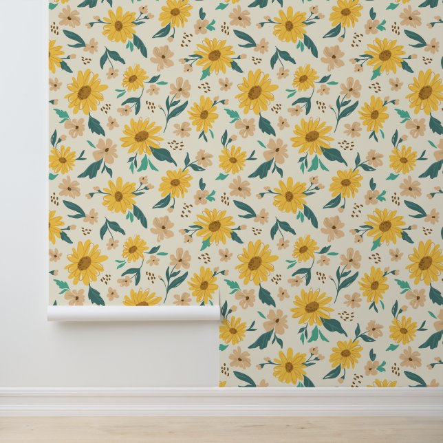 Yellow Daisy Flower Pattern Behang (Applicatie)