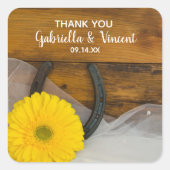 Yellow Daisy Hoefijzer Western bruiloft Dank je Vierkante Sticker (Voorkant)