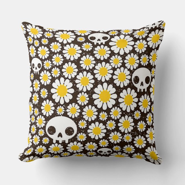 Yellow Daisy Skulls Kussen (Voorkant)