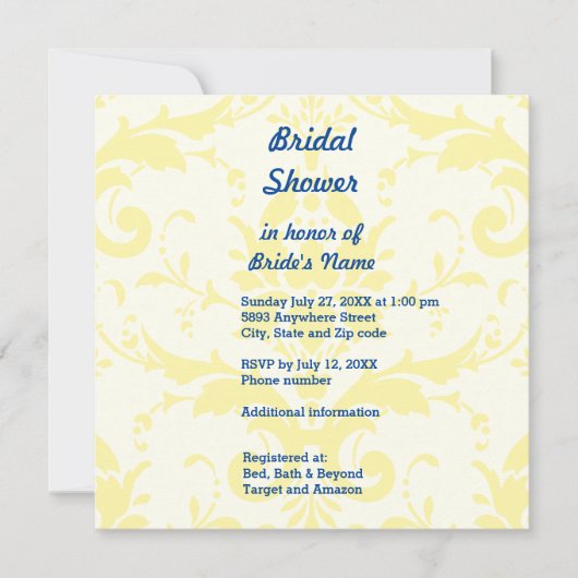 Yellow Damask Background Bridal Shower Invitation Kaart (Voorkant)