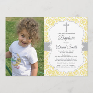 Yellow Damask Cross Baptisme Invitation Kaart