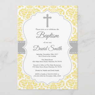 Yellow Damask Cross Baptisme Invitation Kaart