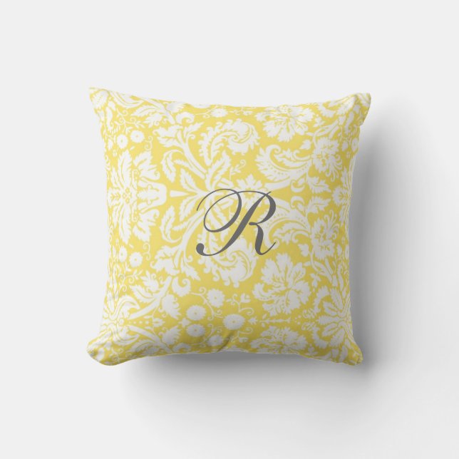 Yellow Damask Pattern Monogram Pillow Kussen (Voorkant)