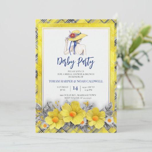Yellow Derby Party Invitation Bridal Shower Plaid (Debout devant)