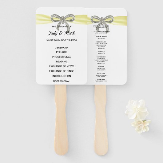 Yellow Diamond Bow Wedding Programme Handwaaier (Voorkant en achterkant)