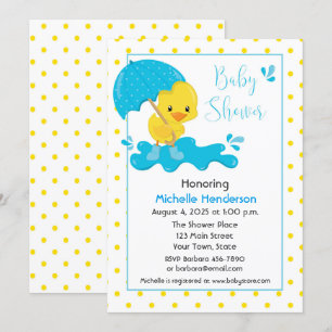 Yellow Duck, Umbrella en Polka Dots Baby shower Kaart
