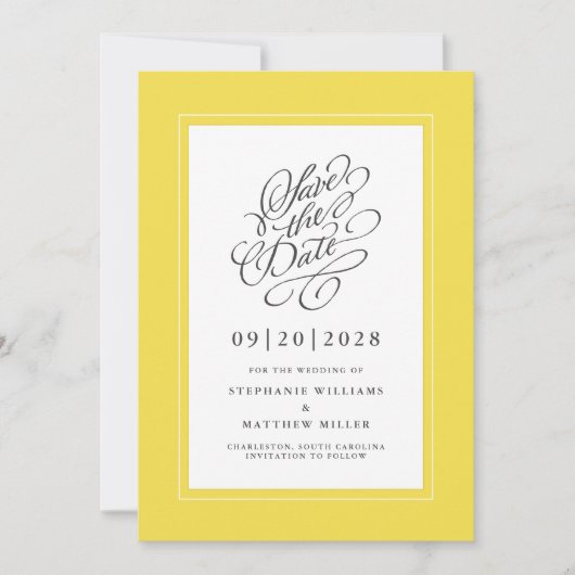 Yellow Elegant Weddenschap Calligraphy Script Chic Save The Date (Voorkant)