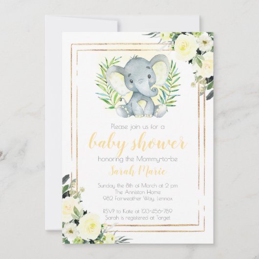 Yellow Elephant Baby shower Invitation Kaart (Voorkant)