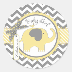 Yellow Elephant en Chevron Print Baby shower Ronde Sticker