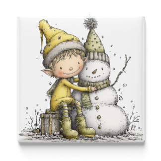 Yellow Elf Snowman Christmas Magnet Magneet
