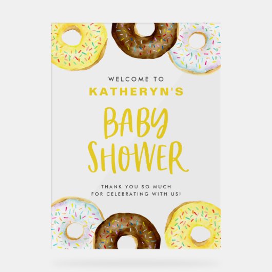 Yellow en Chocolate Donuts Baby shower Welkom Acryl Bord (Voorkant)