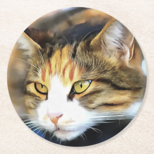 Yellow Eyed Calico Cat Realistic Pet Portret Ronde Kartonnen Onderzetter