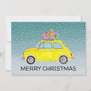 Yellow Fiat 500 met kerstcadeaus Vakantie Kaart