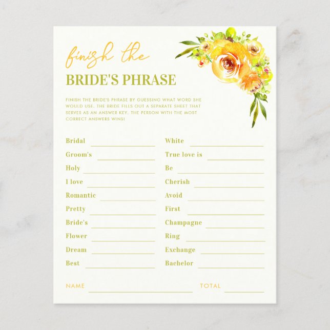 Yellow Finish the Brides Phrase Bridal Shower Game (Voorkant)