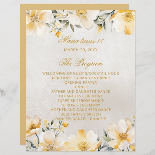 Yellow Floral 18 Candle and Rozen Ceremony Program (Voorkant / Achterkant)