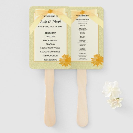 Yellow Floral Damask Wedding Programme Handwaaier (Voorkant en achterkant)