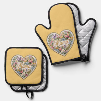 Yellow Floral Faux Embroidery Heart Mama Ovenwant & Pannenlap Set