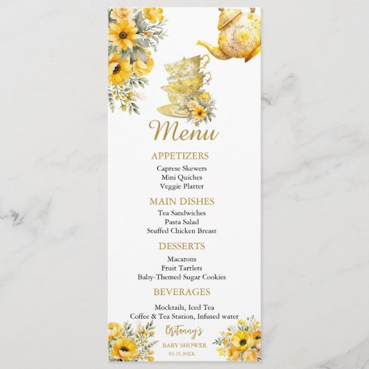Yellow Floral tea cups with teapot baby shower Menu (Voorkant)