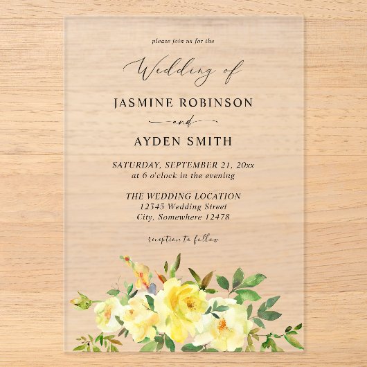 Yellow Floral Wedding Acryl Uitnodigingen (Voorkant)
