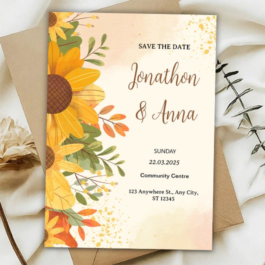 Yellow Flower Frame Wedding Invitation Kaart