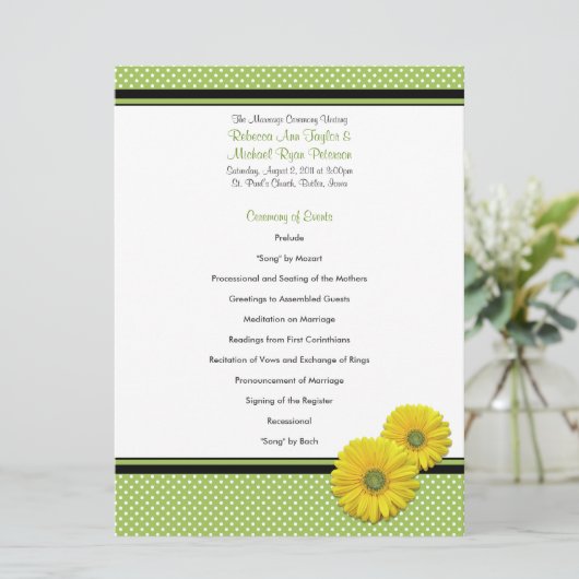 Yellow Gerbera Daisy Polka Dot Wedding Program Programma (Staand voorkant)