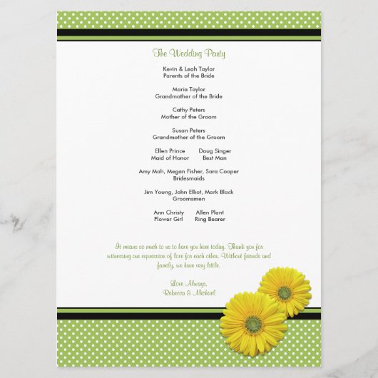 Yellow Gerbera Daisy Polka Dot Wedding Program Programma (Achterkant)