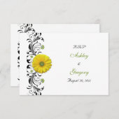Yellow Gerbera Daisy Zwart Groen Bloemen Beantwoor RSVP Kaartje (Voorkant / Achterkant)