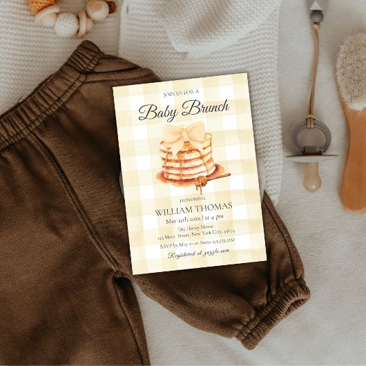 Yellow Gingham Bow Baby Brunch Pannenkoek Baby sho Kaart