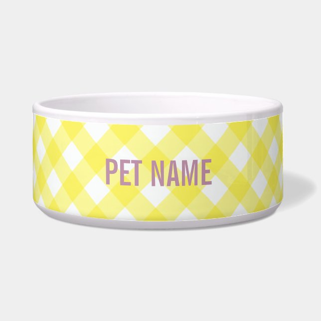 Yellow Gingham Custom Name Pet - gepersonaliseerd Voerbakje (Voorkant)