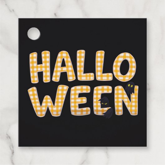 Yellow Gingham Halloween Cat Bedankjes Labels (Voorkant)
