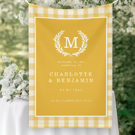 Yellow Gingham Monogram Crest Wedding Welkom Spandoek