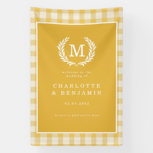 Yellow Gingham Monogram Crest Wedding Welkom Spandoek (Verticaal)