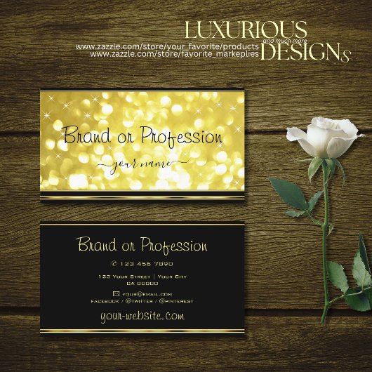 Yellow Gold Glitter Stars Golden Border on Black Visitekaartje