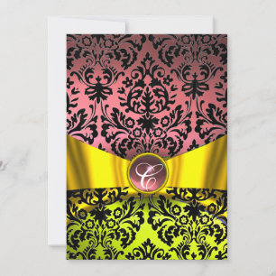 YELLOW GOLD RIBBON PINK BLACK DAMASK MONOGRAM KAART