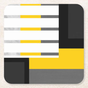 Yellow Gray Black and White Striped Block Vierkante Kartonnen Onderzetter