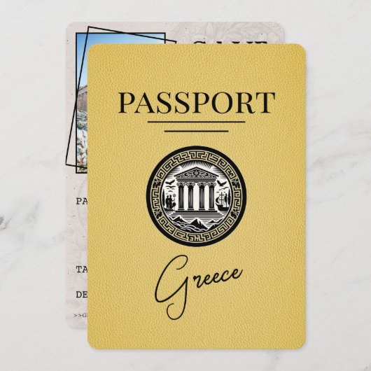 Yellow Greece Passport Save the Date Kaart (Voorkant / Achterkant)