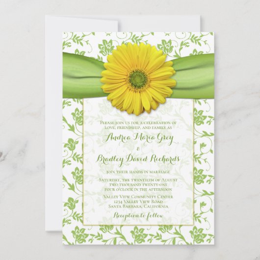 Yellow Green Damask Daisy Wedding Invitation Kaart (Voorkant)